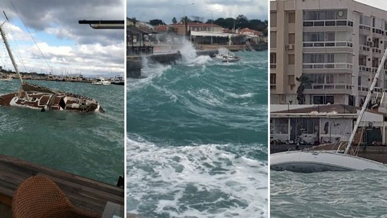 İzmir Çeşme’de fırtına son dakika: yan yatan tekne karaya vurdu, bir tekne battı