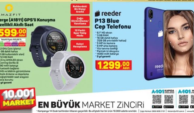 A101 aktüel ürünler kataloğu, Reeder cep telefonu, Amazfit akıllı saat, Flavel Türk kahvesi makinesi