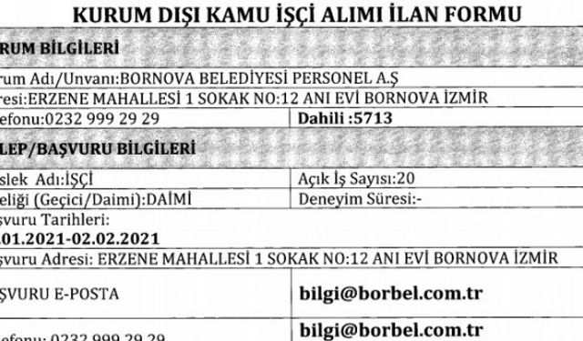 İzmir Bornova Belediyesi personel alımı 2021 iş ilanları İŞKUR duyurusu yapıldı