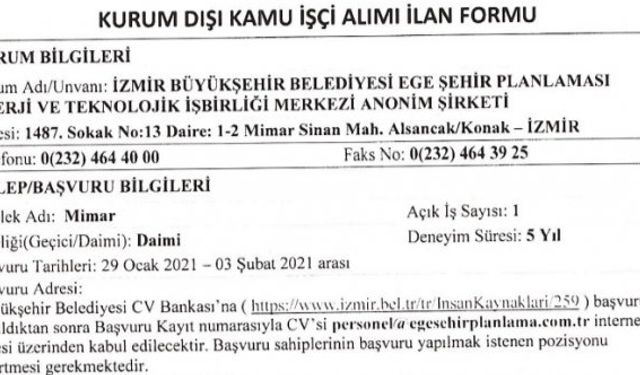 İzmir Büyükşehir Belediyesi Ege Şehir Planlaması Enerji A.Ş. personel alımı 2021 İŞKUR