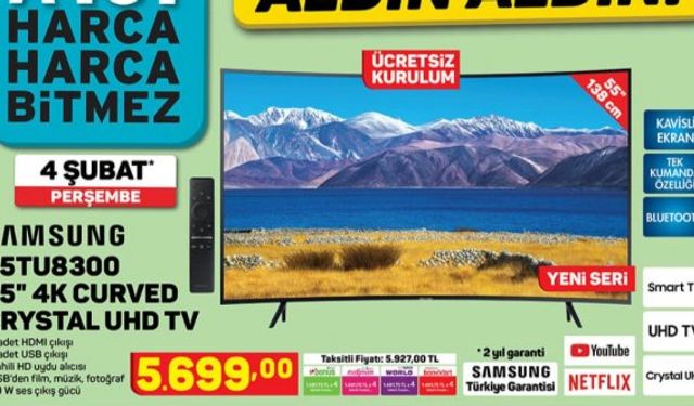 A101 market aktüel kataloğu bu hafta Samsung ve Elton televizyon, Flavel bulaşık makinesi, Singer overlok makinesi