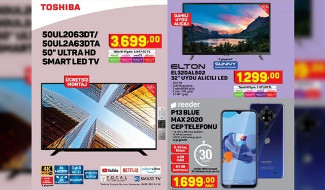 A101 market kataloğu bu hafta Toshiba ve Samsung televizyon, Kiwi elektrikli sefer tası, Piranha kumanda