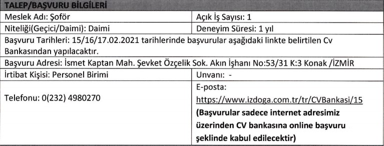 İZDOĞA personel alımı İzmir Büyükşehir Belediyesi