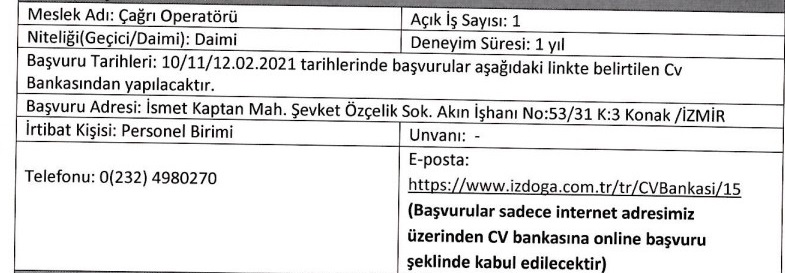 İzdoğa personel alımı 10-11-12 Şubat 2021 İzmir Büyükşehir Belediyesi