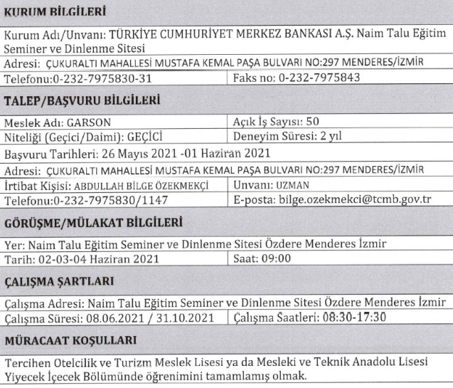 İzmir Menderes Naim Talu dinlenme tesisleri personel alımı iş ilanları