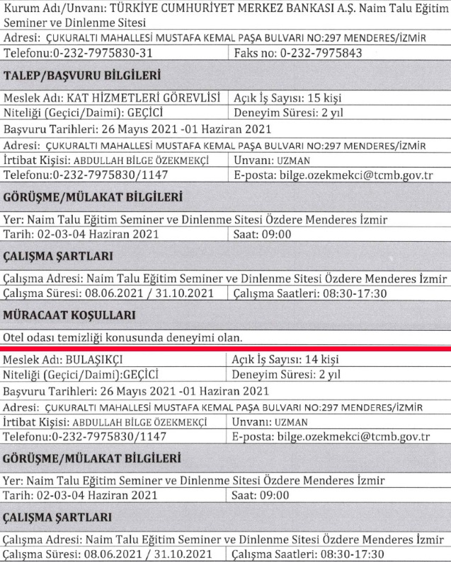 İzmir Menderes Naim Talu dinlenme tesisleri personel alımı iş ilanları